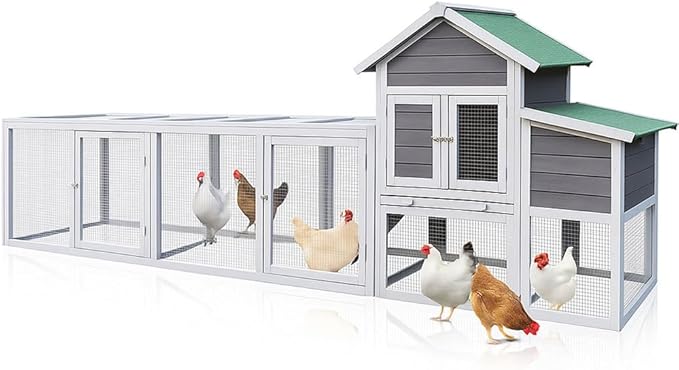 122" Large Chicken Coop with Nesting Box and Run, Outdoor Wooden Poultry Cage with Waterproof Asphalt Roof, Pull-Out Tray, and Ramp, Hen House for 3–6 Chickens, Grey