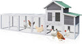 122" Large Chicken Coop with Nesting Box and Run, Outdoor Wooden Poultry Cage with Waterproof Asphalt Roof, Pull-Out Tray, and Ramp, Hen House for 3–6 Chickens, Grey