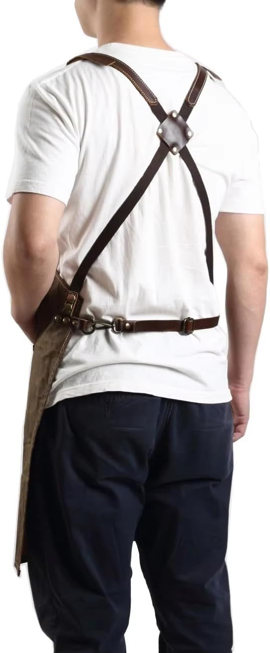Midkit One Size Fits Utility Apron Adjustable Cross-Back Straps Multi-Use Portable Waxed Canvas Aprons With 5 Tool Pockets