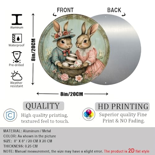 Victorian Bunnies Easter Basket Round Aluminum Metal Sign for Home Farmhouse Wall - 8x8 Inch - Image 2