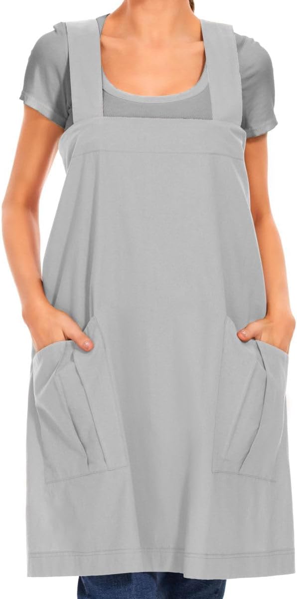 Larmliss Women's Cotton Cross Back Apron Pinafore Dress with Big Pockets Loose Square Apron for Baking Cooking Gardening