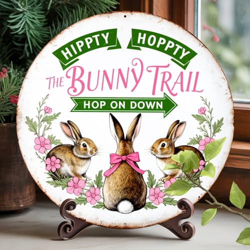 Hippity Hoppity The Bunny Trail Round Aluminum Sign Retro Hop On Down Three Bunnies Pink - 8x8 Inch - Image 3