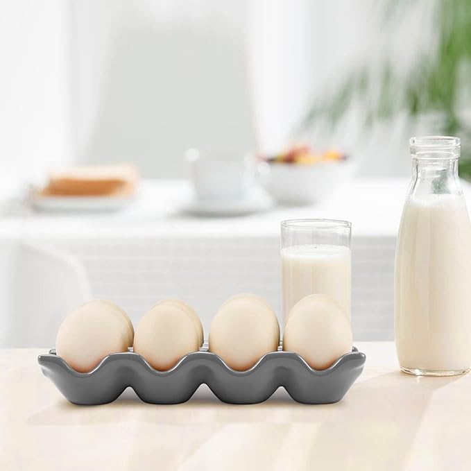 Flexzion 12 Cups Ceramic Egg Holder for Fridge - Dozen Ceramic Egg Tray Porcelain Container Storage Organizer Decorative Serving Stand Serveware for Refrigerator Countertop Display (Gray)