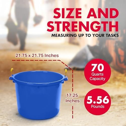 70 Quart Large Muck Bucket, Heavy-Duty Plastic Utility Tub with Handles, Blue Stable Feed and Storage Container for Barn, Farm, and Outdoor Use