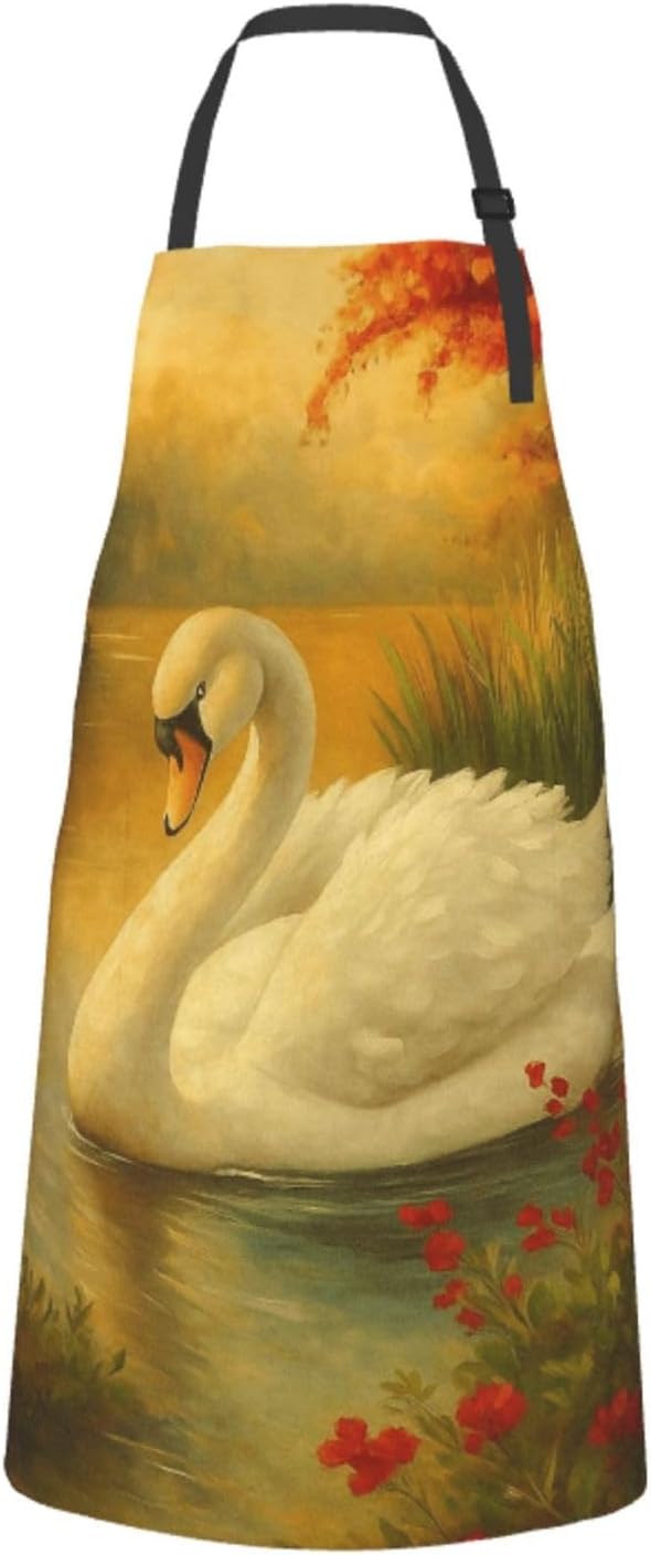 Serene Swan In Stream Adjustable Waterproof Apron Work Cooking Apron With Pockets For Men Women