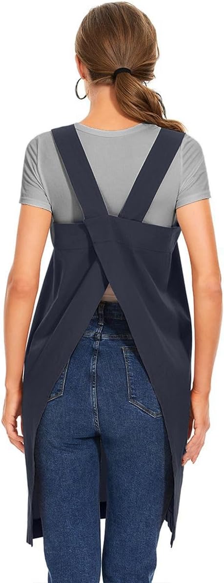 Larmliss Women's Cotton Cross Back Apron Pinafore Dress with Big Pockets Loose Square Apron for Baking Cooking Gardening