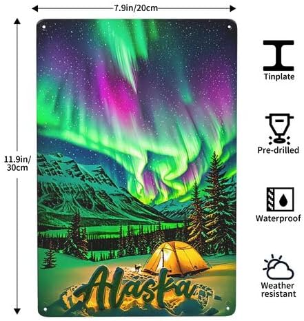 Alaska Retro Metal Wall Art Sign - Rustic Vintage Northern Lights & Mountain Landscape Design, Durable Iron Garage Bar Kitchen Office Decor, 8x12 Inch No Electricity Needed, Nordic Home Decor