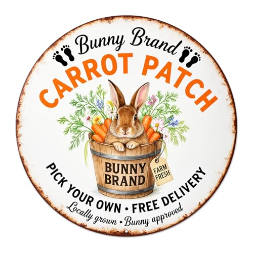 Bunny Brand Carrot Patch Round Aluminum Metal Sign Retro Rabbit in Barrel Farm Fresh Bunny - 8x8 Inch by Generic