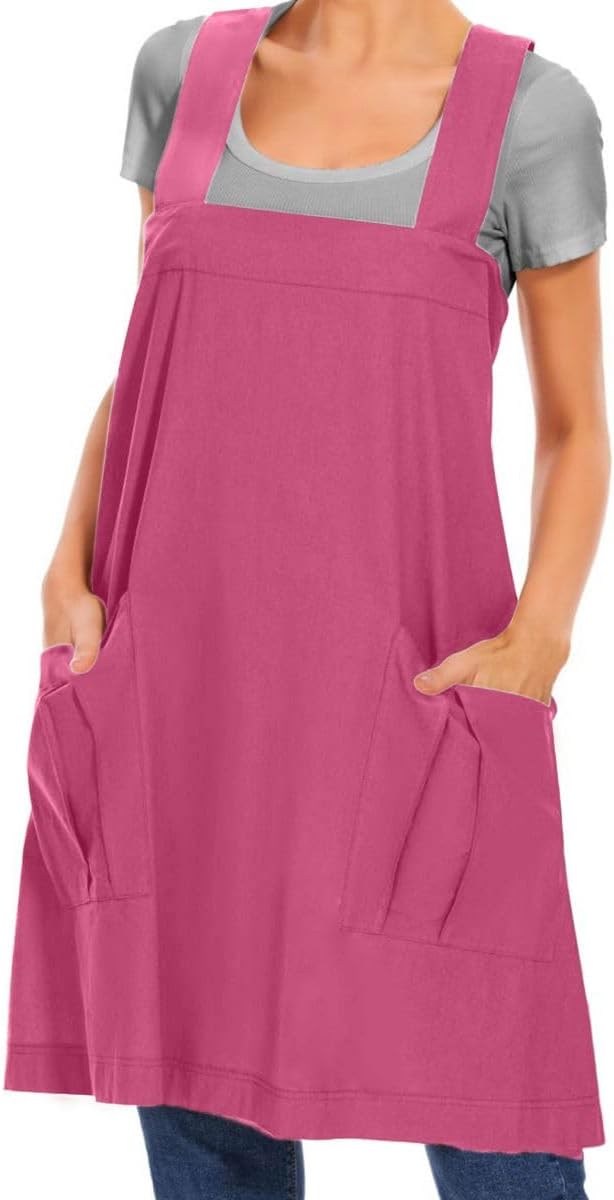 Larmliss Women's Cotton Cross Back Apron Pinafore Dress with Big Pockets Loose Square Apron for Baking Cooking Gardening