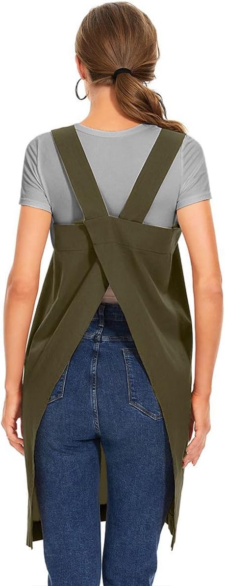 Larmliss Women's Cotton Cross Back Apron Pinafore Dress with Big Pockets Loose Square Apron for Baking Cooking Gardening