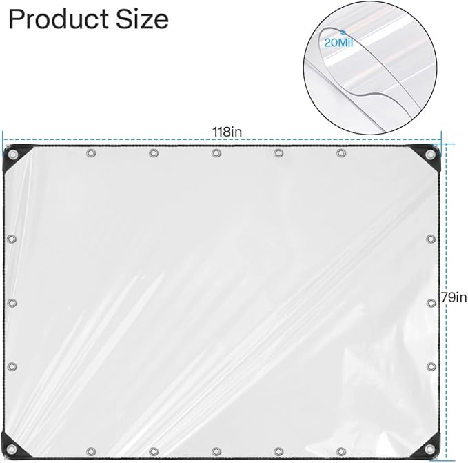 Kalekey16Mil Clear Tarp for Chicken Coop Winter, 6x10ft Heavy Duty Waterproof Transparent Vinyl with Grommets, Windproof Snowproof Chicken Run Cover for Winterizing,Porch Patio Poultry Enclosure