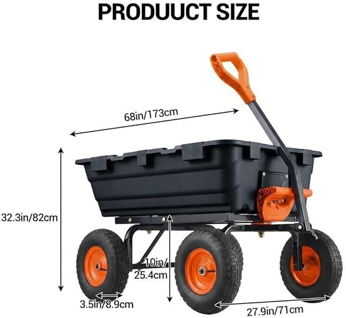 Garden Dump Cart 900 LB Heavy Duty,10" Pneumatic Tires & 180° Adjustable Handle with Quick Release, Utility Yard Wagon for Farm and Outdoor Use
