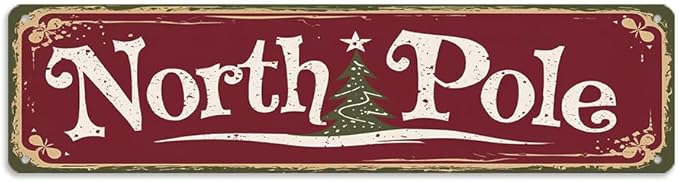 Rustic North Pole Metal Sign, 16x4 Inch - Christmas Tree Art Decorative Sign for Bathroom, Bedroom, Cafe, Bar, Balcony, Distressed Finish Plaque Wall Art Decor, Christmas Room Decor