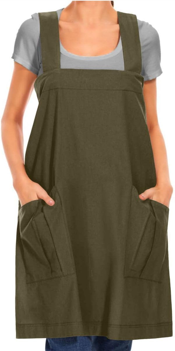 Larmliss Women's Cotton Cross Back Apron Pinafore Dress with Big Pockets Loose Square Apron for Baking Cooking Gardening