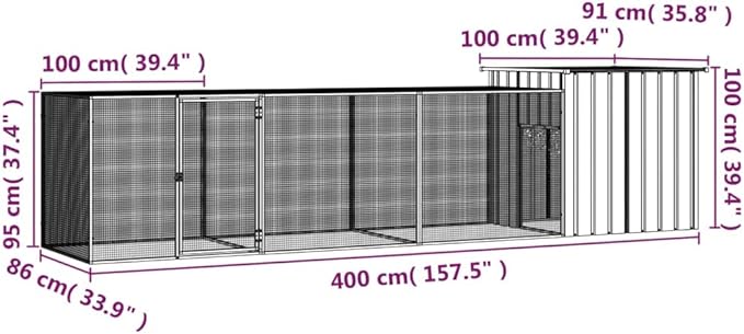 Large Outdoor Chicken Cage, Galvanized Steel Poultry Run for Backyard, Walk-in Metal Pet Enclosure for Ducks, Rabbits, and Small Animals, 157.5 Inches Long