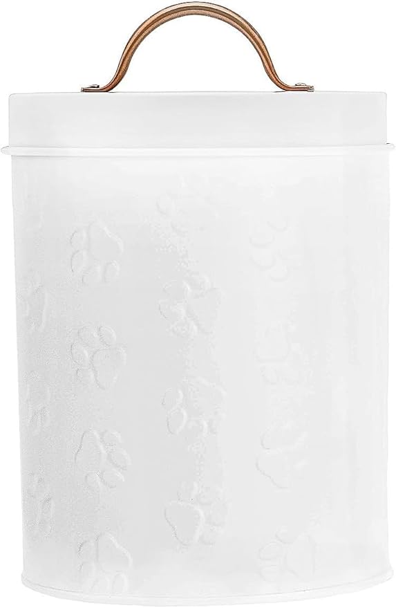 Amici Home Small Dog Treat Container Airtight, 8” Tall x 5.5” Round, White Embossed Puppy Paws Print, Storage Jar Canister for Cats, Small Animals, Gifts for Pet Owners, White