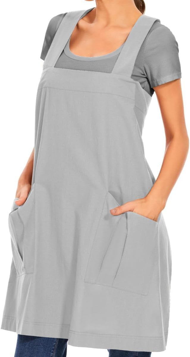 Larmliss Women's Cotton Cross Back Apron Pinafore Dress with Big Pockets Loose Square Apron for Baking Cooking Gardening