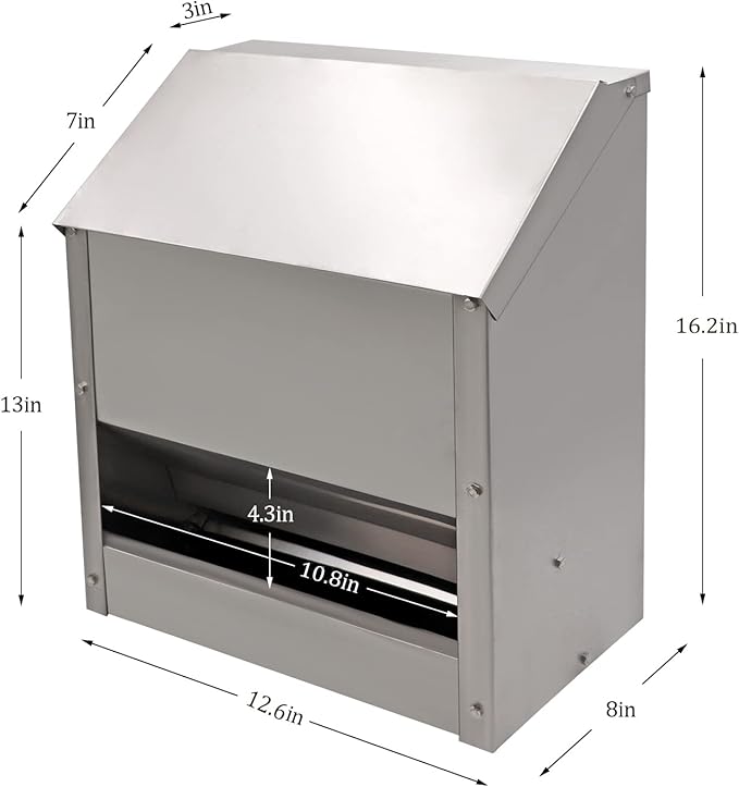 Galvanized Steel Chicken Feeders No Waste Poultry Feeder Rainproof Hanging Poultry Feeder Trough with Lid Holds 25lbs of Feed, No Assembly Required
