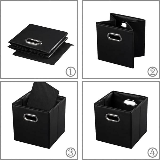 PRANDOM Leather Foldable Cube Storage Bins 11x11 inch [4-Pack] Fabric Storage Baskets Cubes Drawer with Cotton Handles Organizer for Shelves Nursery Closet Bedroom Clothes Black