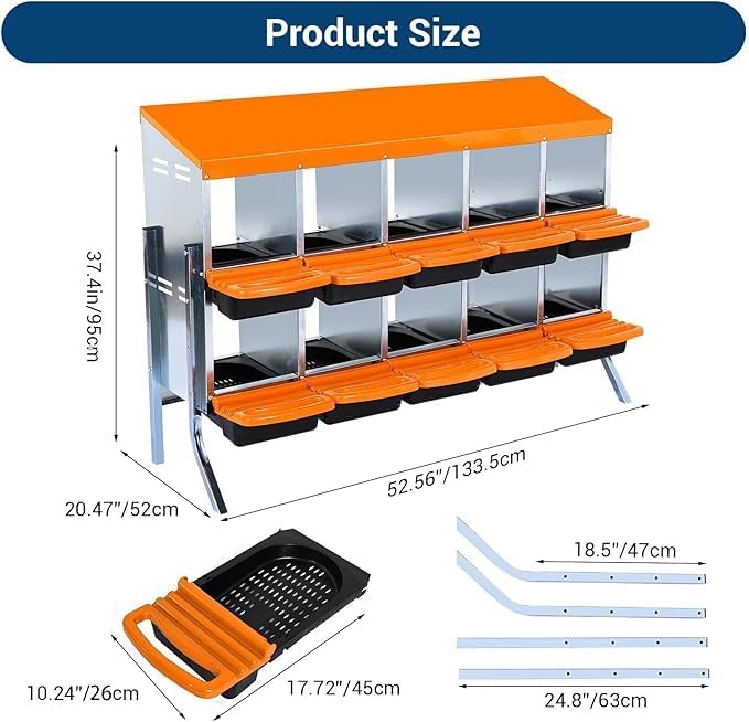 Chicken Nesting Box, 10-Compartment Egg Laying Box, Convenient for Collecting Eggs, Ventilated Poultry House Equipment in Metal Chicken Coop, Suitable for Hens and Ducks, (Orange, with Stand)