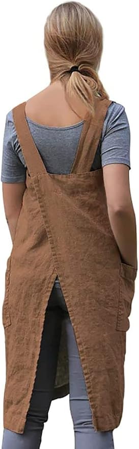 Women's Pinafore Apron Cross Back Apron with Pockets Cotton Linen Apron Dress Plus Size