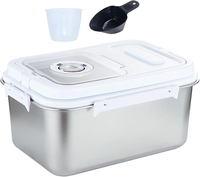 Saim 20Lbs Stainless Steel Rice Containers,Metal Flour Bin, Food Storage Container with Silicone Airtight Lid and Scoop, Measuring Cup/Portable Rice Dispenser for Dry Beans,Oatmeal and Grains (20Lbs)