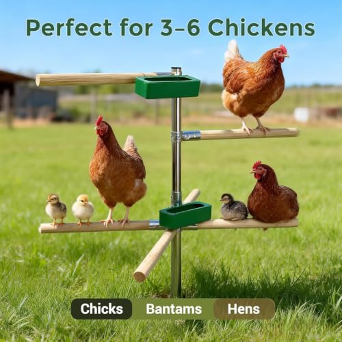 Chicken Perch Toys for Coop with 2 Trays(Feed or Water) - H=61.2inch with 2 Trays, Natural, Steel-Wood Hybrid - Image 7