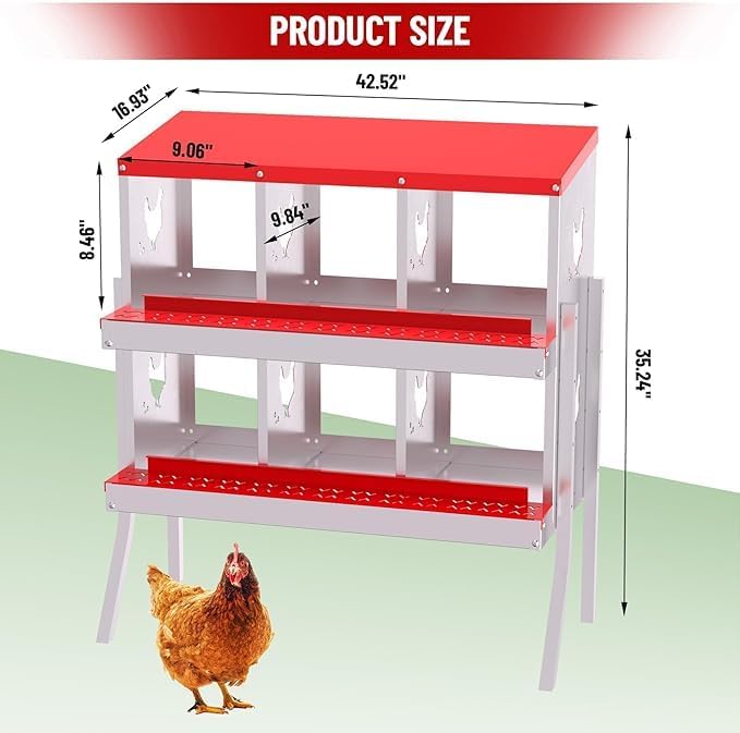 Chicken Nest Box, 6-Compartment Egg-Laying Box, Metal Hen House, Convenient for Collecting Eggs - Ventilated Poultry House Equipment - Suitable for Hens, Ducks Red,with Stand