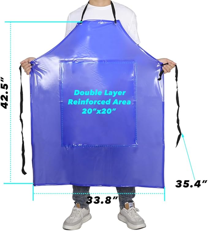 Waterproof Rubber Vinyl Work Apron -42.5" x 33.8" Plus Size Double Reinforced Chemical Resistant PVC Blue Bib Apron