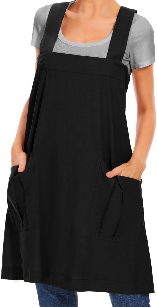Larmliss Women's Cotton Cross Back Apron Pinafore Dress with Big Pockets Loose Square Apron for Baking Cooking Gardening