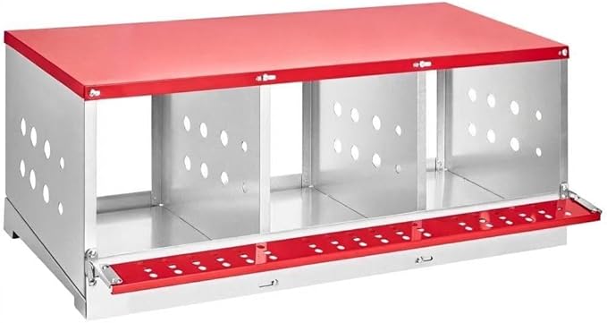 Metal Chicken Nesting Boxes - 3 Hole Wall-Mountable Laying Boxes with Roll-Away Egg Collection, Weatherproof Galvanized Steel, for Chicken Coop, Red