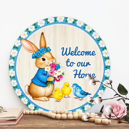 Welcome to Our Home Round Aluminum Metal Sign Retro Bunny with Blue Flowers Chicks Sign - 8x8 Inch - Image 5