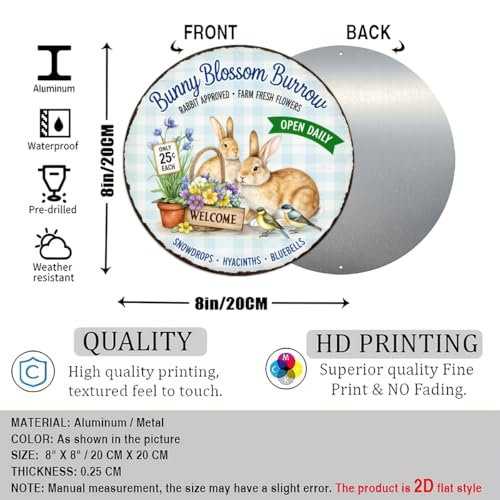 Bunny Blossom Burrow Round Aluminum Metal Sign Retro Farm Fresh Flowers Only Open Daily - 8x8 Inch - Image 2