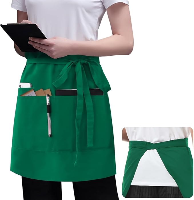 ROTANET Server Apron Black with 3 Pockets 18 Inch Long Waiter Waitress Bistro Half Waist Aprons for Women Men Waterproof
