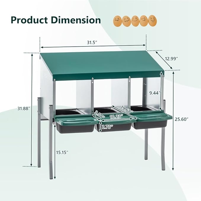 Green Chicken Nesting Box for Laying Eggs – Roll Away Poultry Nest, Durable & Easy-Clean Hen Egg Box for Coops, Secure & Comfortable (3-Hole with Legs,Green)