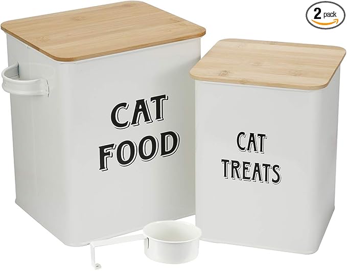 Pethiy Cat Food and Treats Containers Set with Scoop for Cats or Dogs -Tight Fitting Wood Lids - Coated Carbon Steel - Storage Canister Tins-Cat-White