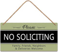 SCAZOMV Please No Soliciting Family Friends Neighbors Deliveries Welcome Thank You Funny Rustic Wood Front Door Sign Vintage Wall Art Hanging Plaque Porch Yard Home Farmhouse Decor 10''x 5''