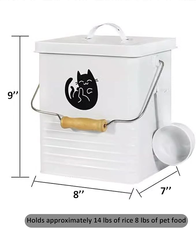 15 Lb Container for Dog Food, Wooden Handle, Pet Food Storage Containers for All Pet Food, Galvanized Iron Air-tight Dog Food Containers, Farm Dog Food Containers (white)