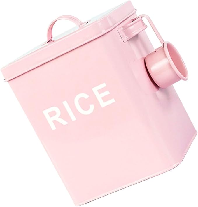 Mobestech Pet Food Storage Bucket with Airtight Seal and Measuring Cup, Metal Grain Storage Bin for Dog and Cat Food, Moisture-proof Rice Container Suitable for Household Use, Pink