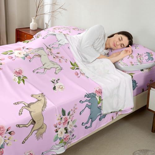 Erosebridal Horse Bed Sheets Twin Rose Sheet Set for Girls Boys Kids Teens Western Cowboy - Multi 19, Microfiber, 3 Pack - Image 2
