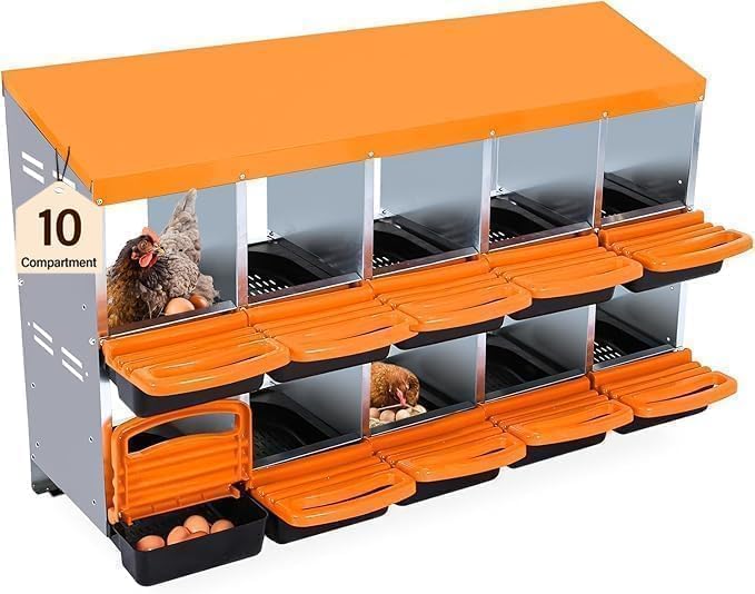 Chicken Nesting Boxes 10 Cells Metal Chicken Nesting Box - Heavy Duty Roll Away Design with Lid Cover & Swing Perch, Easy-Clean Egg Collection System for Chicken Coops - Orange