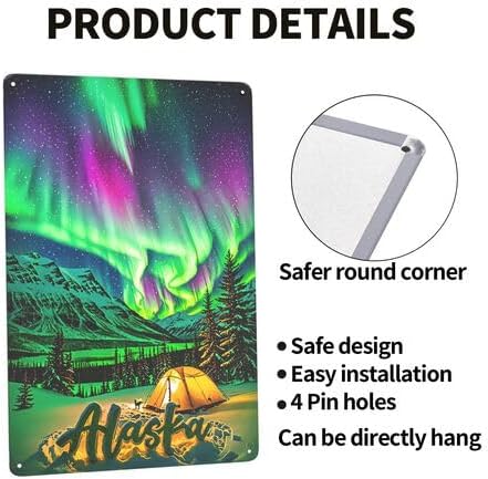 Alaska Retro Metal Wall Art Sign - Rustic Vintage Northern Lights & Mountain Landscape Design, Durable Iron Garage Bar Kitchen Office Decor, 8x12 Inch No Electricity Needed, Nordic Home Decor