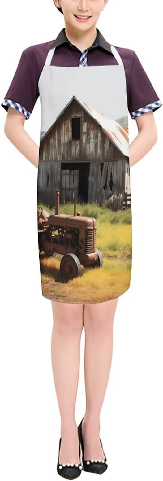 Old Wooden Barn Tractor Apron For Men Women, Adjustable Kitchen Aprons Adult Size Chef Bib Apron For Cooking Grilling Painting Gardening