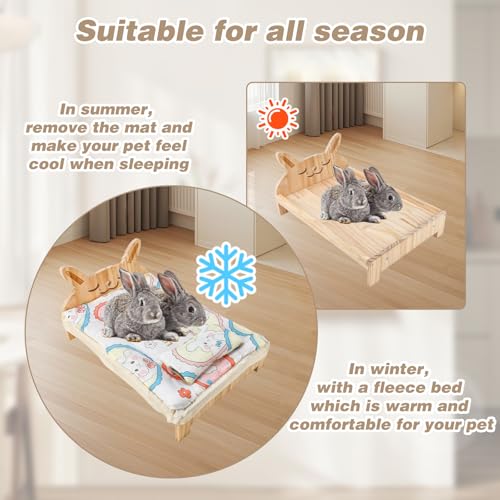 Large Wooden Bunny Bed, 2-in-1 Rabbit Bed with Pillow and Mat - 20.4"L x 14"W x 3.9"H (52x36x10 cm) - Image 5