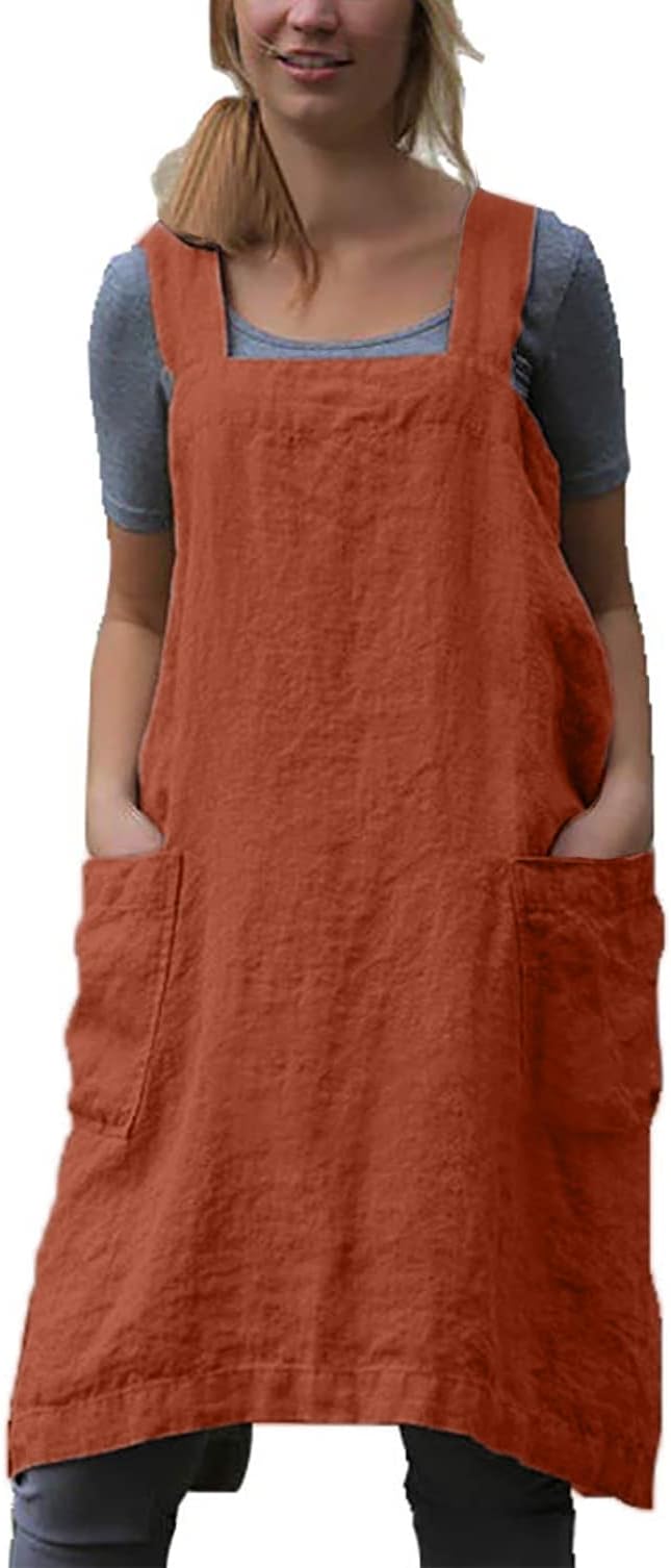 Japanese Pinafore Apron Smock Cotton Apron with Pockets Plus Size Aprons for Women
