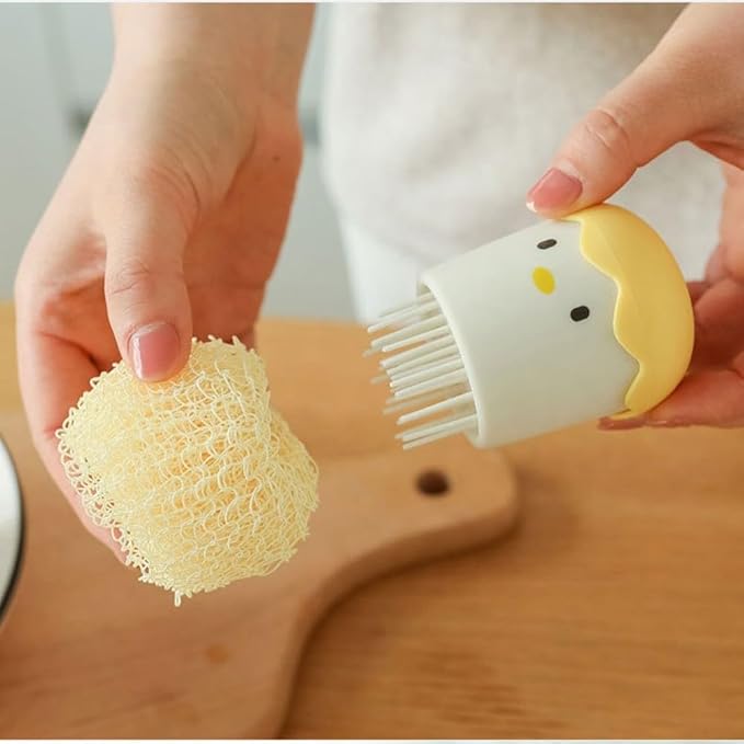 Cleaning Brush with Eggshell Chicken Themed Design and ForNano Fiber Cleaning Ball for Dishwashing and Pot Scrubbing with Ergonomic Handle and Compact Storage (2pcs-Yellow)