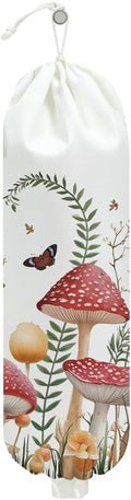 Mushroom Plastic Bag Holder, Wall Mount Grocery Bag Holder for Plastic Storage bag, Storage Organizer Reusable Grocery Bags, Pull Rope Free Adjustment, Butterfly Gifts for Women Mom Sister