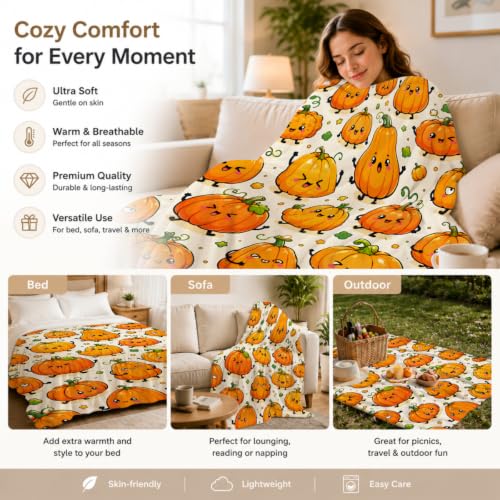 Kawaii Pumpkin Blanket, Happy Faces Fall Harvest Design 50×60 - 50"x60", Autumn Pumpkin, Polyester - Image 3