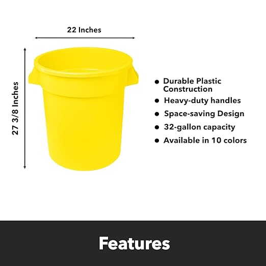 Feed and Seed Storage Container, 32 Gallon Yellow Round Commercial Trash Can with Lid and Dolly, Food Storage Plastic Bin, Use in Agricultural, Gardening, or Household