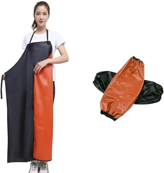 Rubber Waterproof Apron Anti-Corrosion Work Safety Apron Black Apron with 2 Sleeves, Chemical Resistant Industrial Work Apron, Waterproof Rubber Vinyl Black Work Apron 43 Inch Adjustable Bib